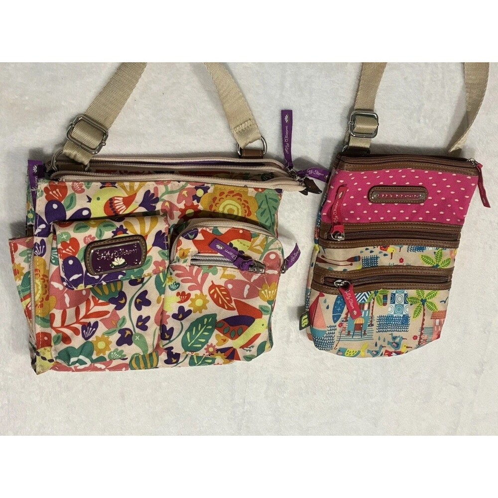 2 Lily Bloom Crossbody Bags Zipper Pocket Floral Pink Bird Palm Vacation Island